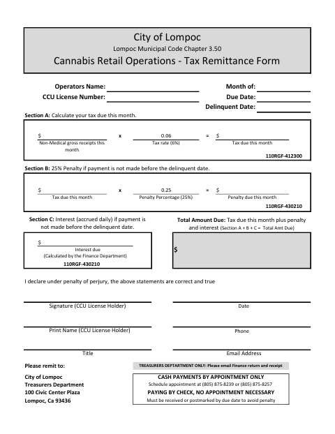 First page of the Cannabis Retail Operations Tax Remittance Form