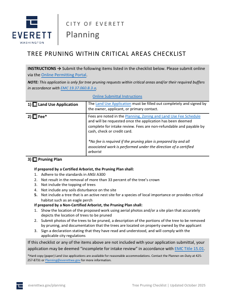 First page of the Tree Pruning Within Critical Areas Checklist