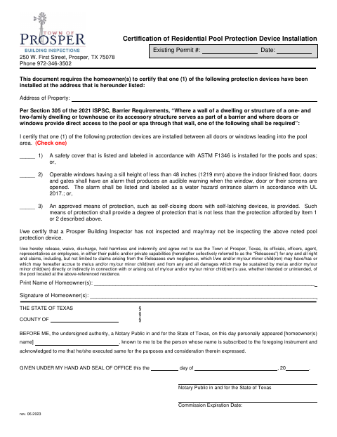 First page of the Certification of Residential Pool Protection Device Installation