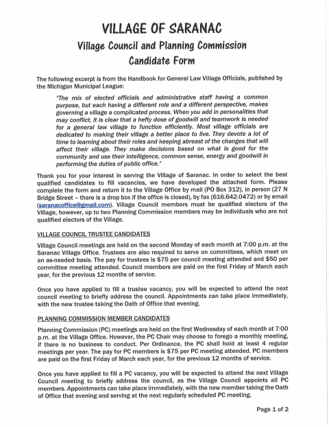 First page of the Village Council and Planning Commission Candidate Form