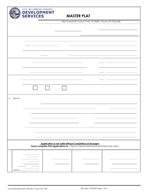 First page of the Master Plat Application
