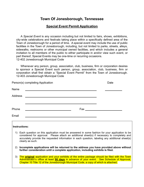 First page of the Special Event Permit Application