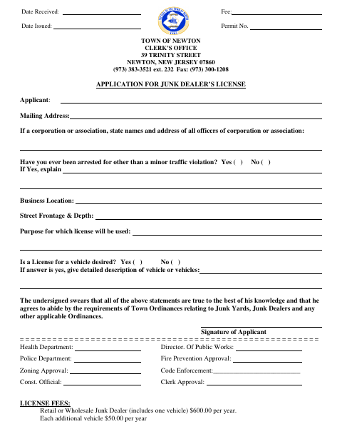 First page of the Application for Junk Dealer’s License