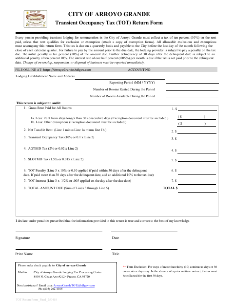 First page of the Transient Occupancy Tax Return Form