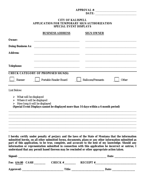First page of the Application for Temporary Sign Authorization