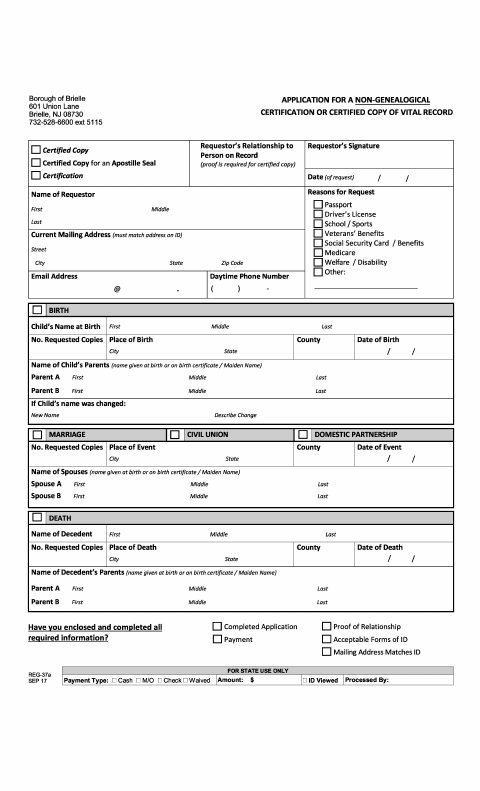 First page of the Non-Genealogical Vital Statistics Request Form