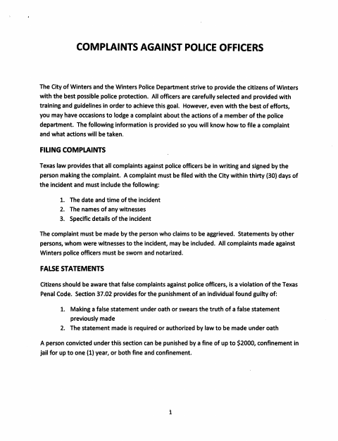 First page of the Complaints Against Police Officers