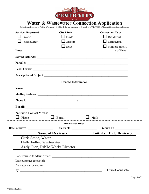 First page of the Water and Wastewater Connection Application