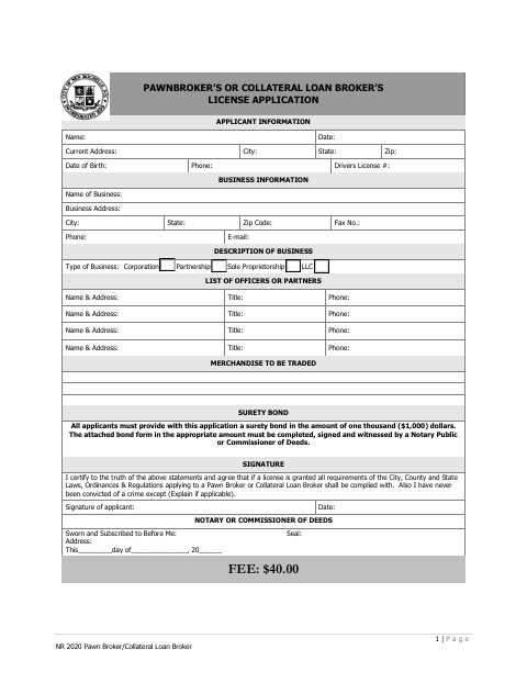 First page of the Pawnbroker or Collateral Loan Broker License Application