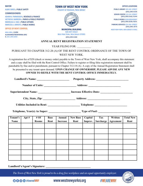 First page of the Annual Rent Registration Statement
