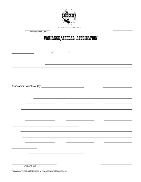 First page of the Board of Adjustment Variance Application
