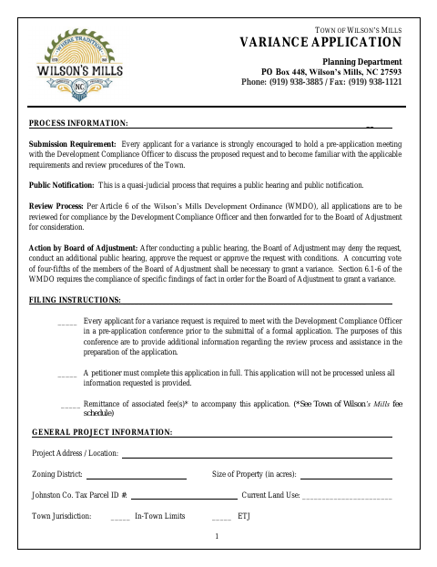 First page of the Variance Application