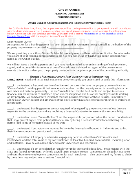 First page of the Owner-Builder Acknowledgment and Information Verification Form