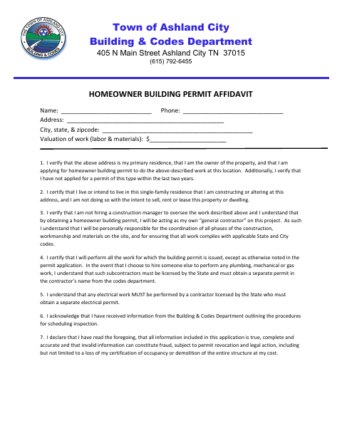 First page of the Homeowner Building Permit Affidavit
