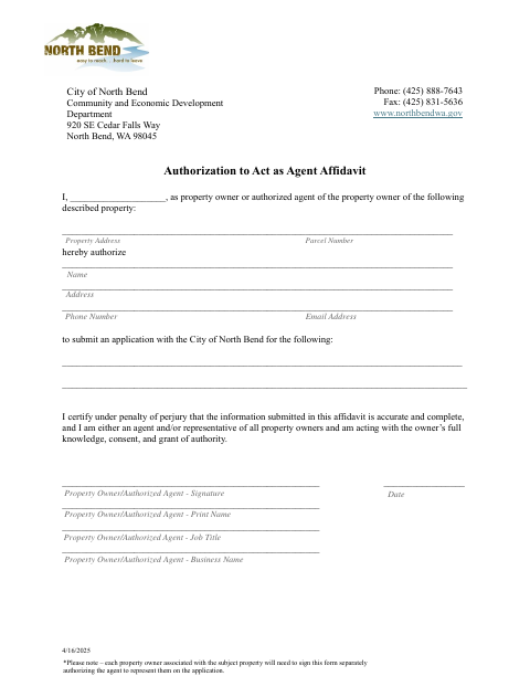 First page of the Authorization to Act as Agent Affidavit