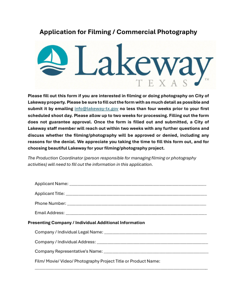 First page of the Application for Filming / Commercial Photography