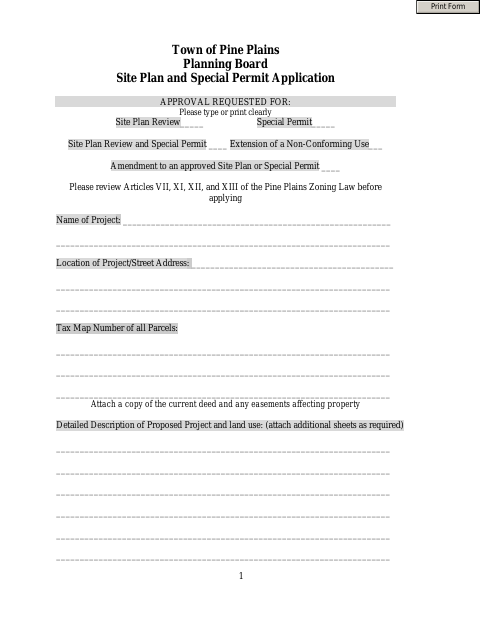 First page of the Site Plan and Special Permit Application