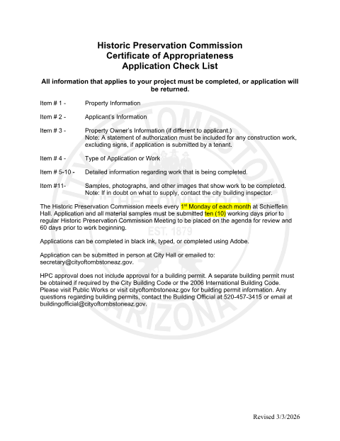 First page of the Historic District Sign and Construction Application