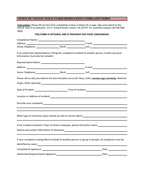 First page of the Title VI Discrimination Complaint Form