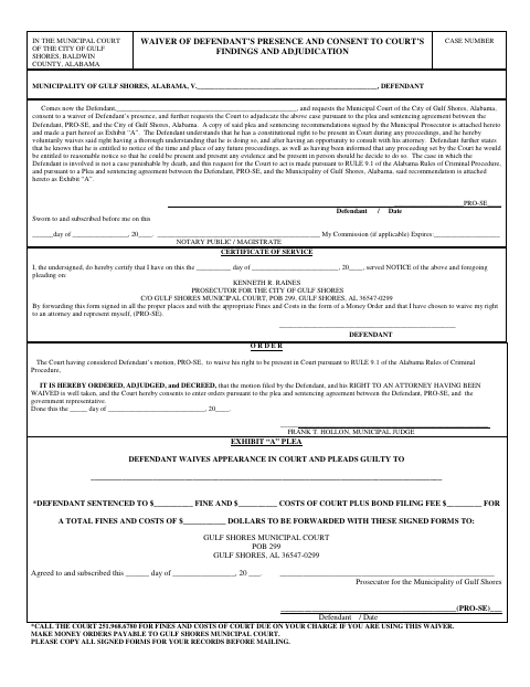 First page of the Waiver of Defendant’s Presence and Consent to Court’s Findings and Adjudication