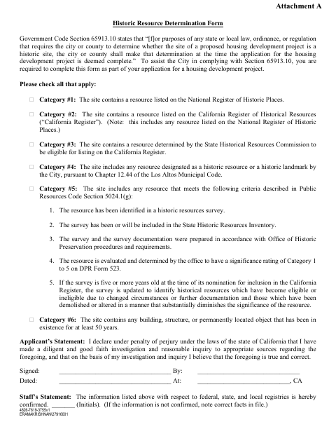 First page of the Historic Resource Determination Form