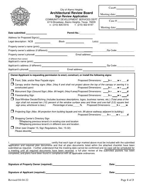 First page of the Architectural Review Board Sign Review Application