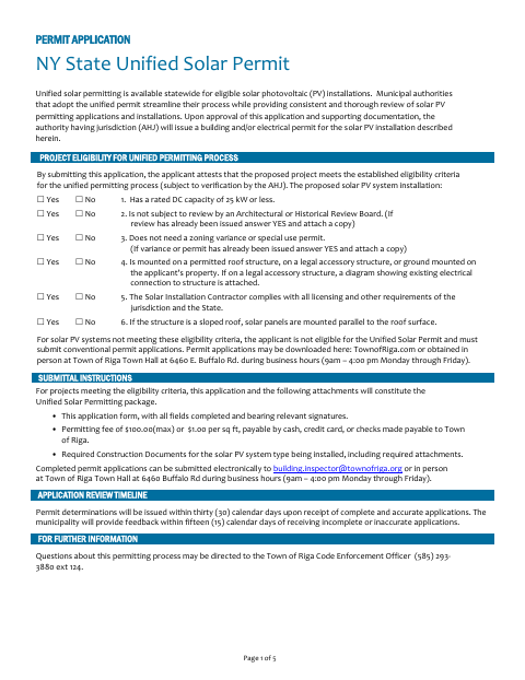 First page of the Unified Residential Solar Permit Application