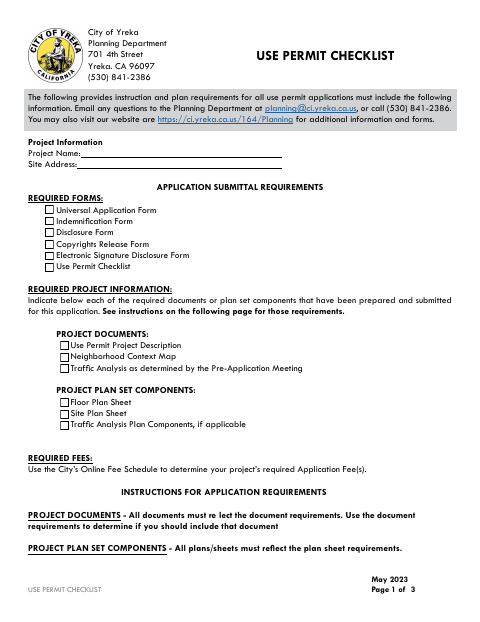 First page of the Use Permit Checklist