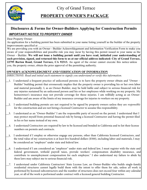 First page of the Owner-Builder Acknowledgment and Information Verification Form
