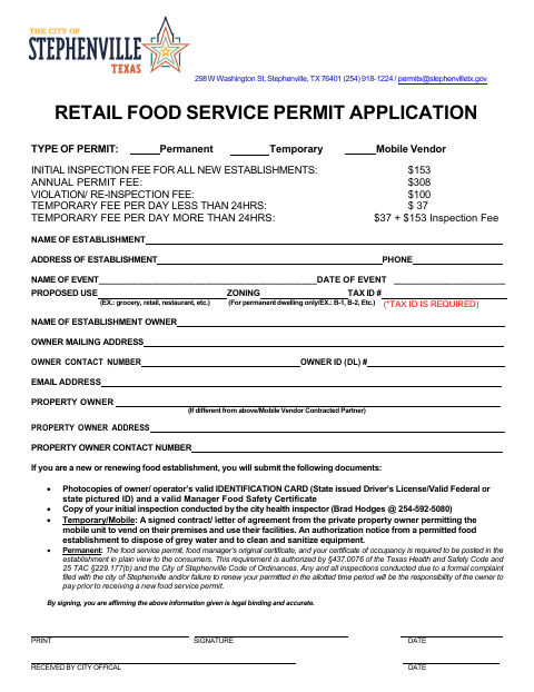 First page of the Retail Food Service Permit Application