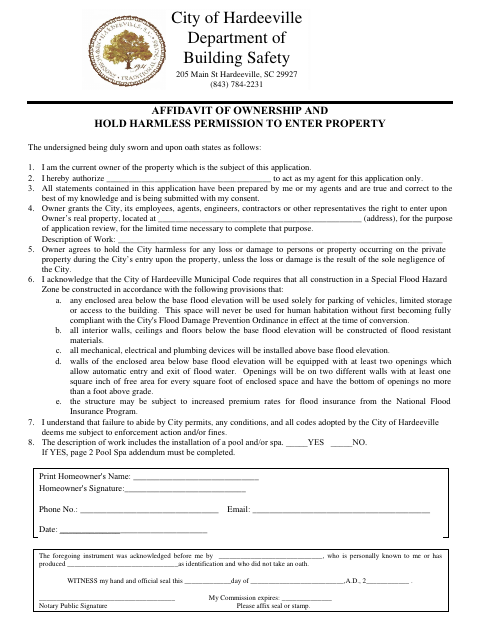 First page of the Affidavit of Ownership and Hold Harmless Permission to Enter Property