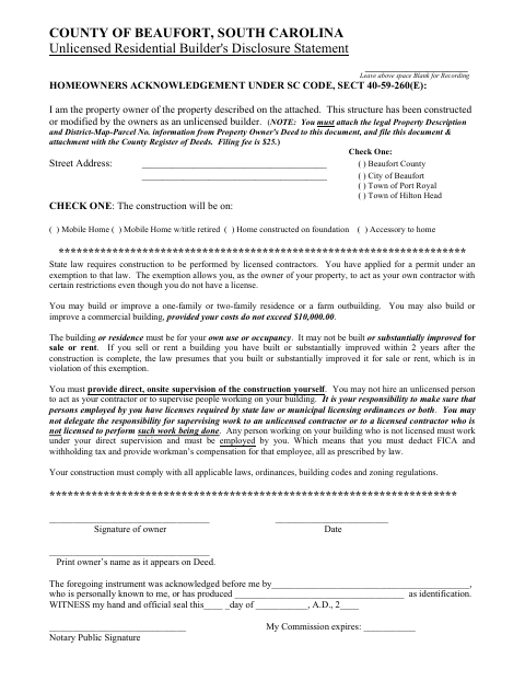 First page of the Unlicensed Residential Builder's Disclosure Statement