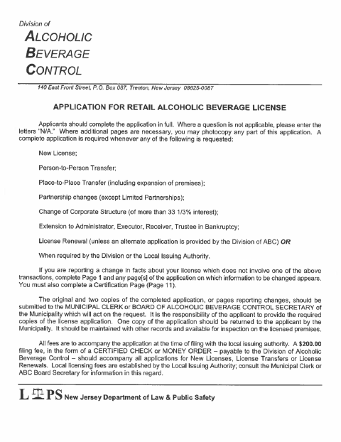 First page of the Application for Retail Alcoholic Beverage License
