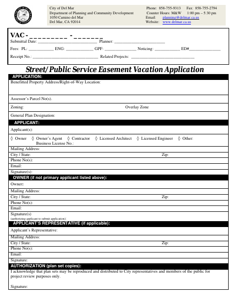 First page of the Street/Public Service Easement Vacation Application