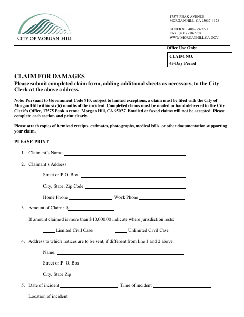 First page of the Claim for Damages