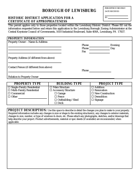 First page of the Application for a Certificate of Appropriateness
