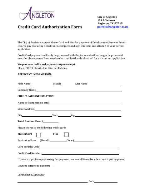 First page of the Credit Card Authorization Form