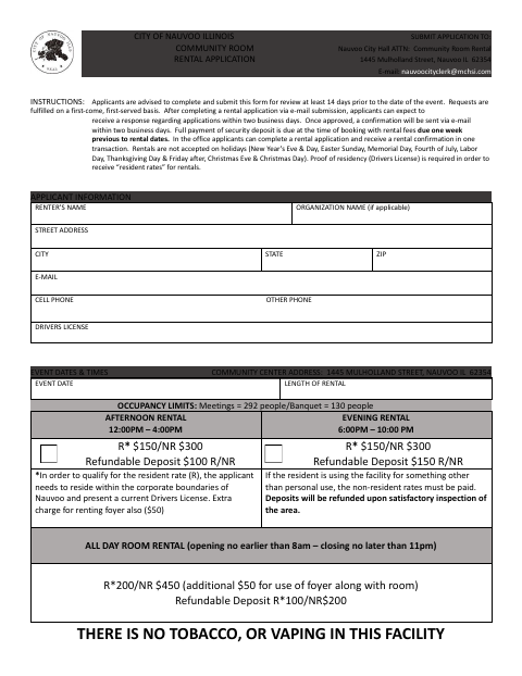 First page of the Community Room Rental Application