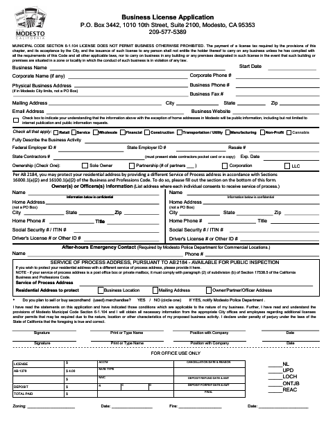 First page of the Business License Application