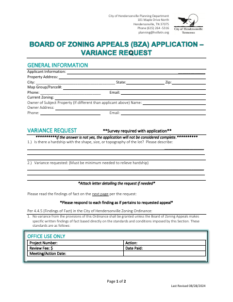 First page of the Board of Zoning Appeals Variance Application