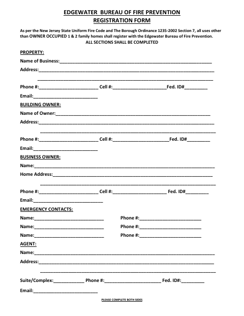 First page of the Bureau of Fire Prevention Registration Form
