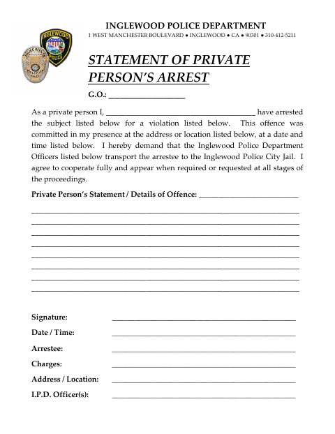 First page of the Statement of Private Person’s Arrest