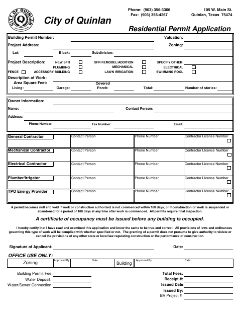 First page of the Residential Permit Application