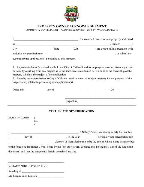 First page of the Property Owner Acknowledgement