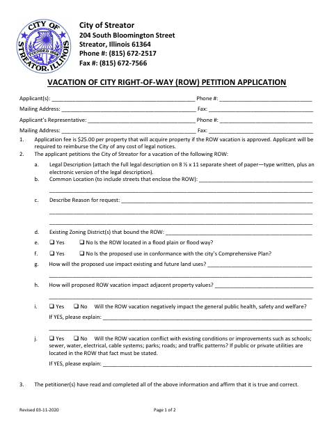 First page of the Vacation of City Right-of-Way Petition Application