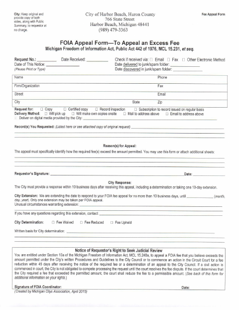 First page of the FOIA Excess Fee Appeal Form