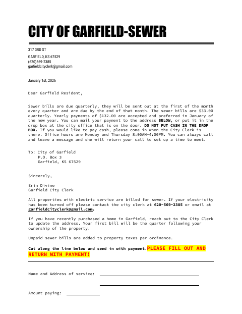 First page of the Sewer Bill Payment Stub