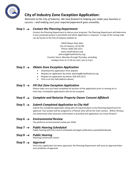 First page of the Zone Exception Application