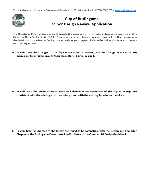 First page of the Minor Design Review Application