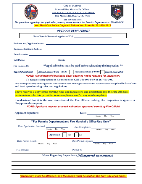 First page of the Outdoor Burn Permit